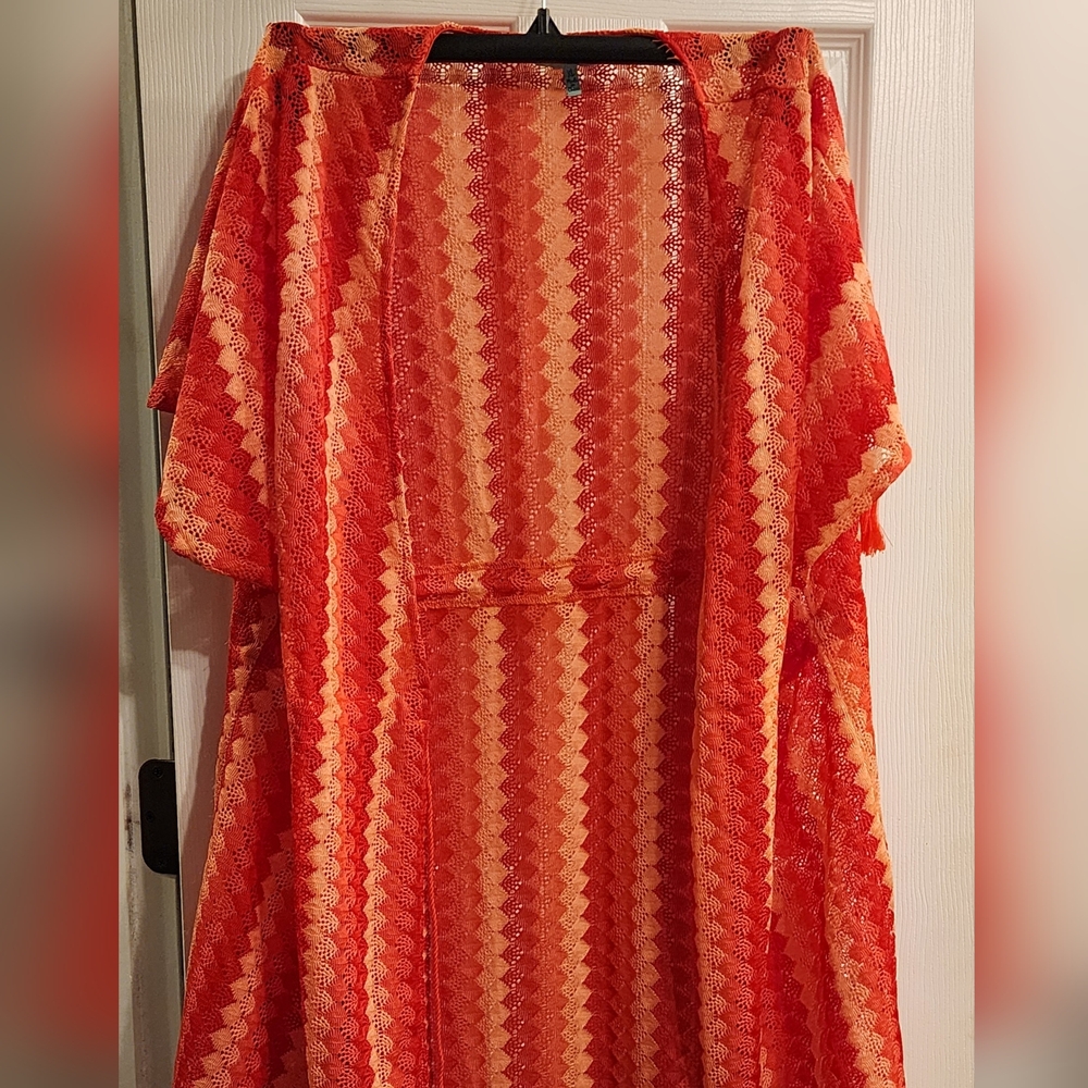 Vibrant Red and Orange Striped Kimono